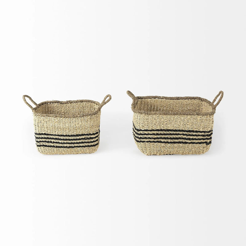 Set of Two Natural And Black Rattan Basket - GreatEagleInc