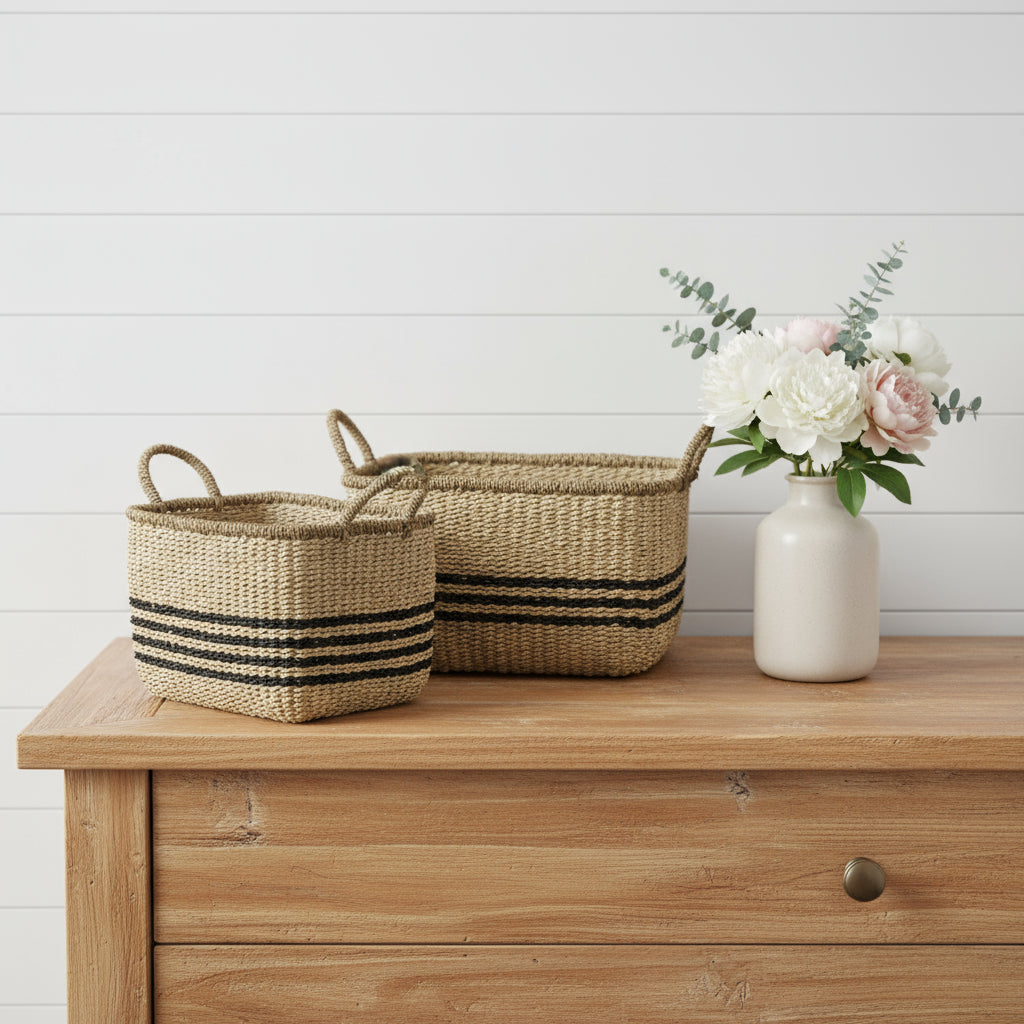 Set of Two Natural And Black Rattan Basket - GreatEagleInc