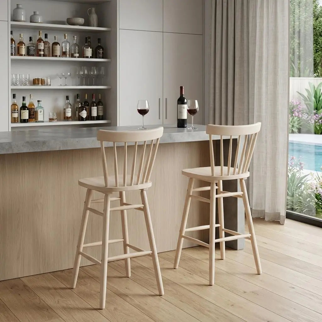 Set of Two Natural Solid Manufactured Wood and Wood Low Back Bar Chairs Homeroots Living Room