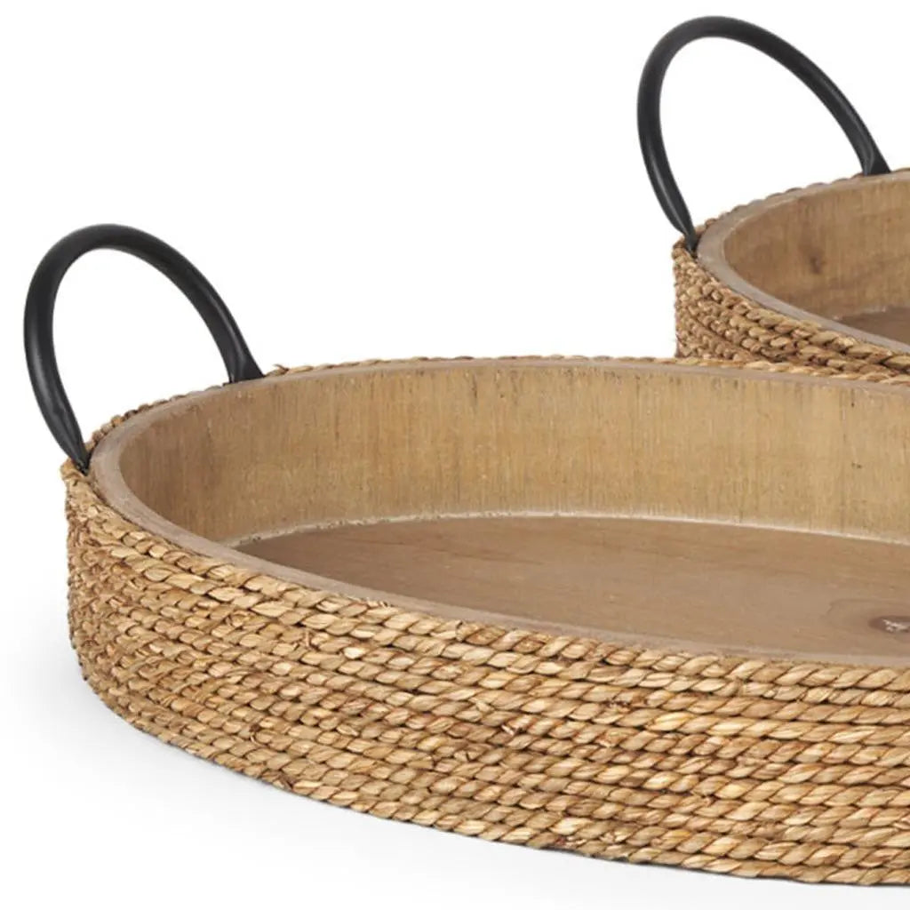 Set of Two Natural and Black Jute Metal And Solid Wood Oval Serving Trays With Handles Homeroots Kitchen & Dining