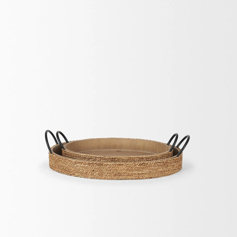 Set of Two Natural and Black Jute Metal And Solid Wood Oval Serving Trays With Handles Homeroots Kitchen & Dining