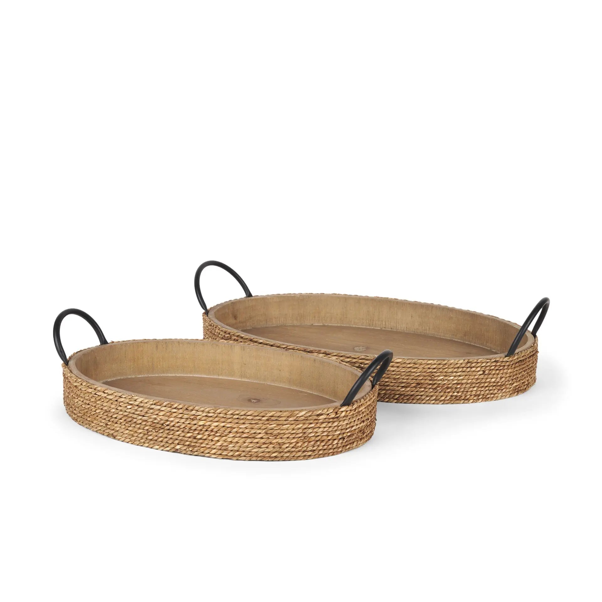 Set of Two Natural and Black Jute Metal And Solid Wood Oval Serving Trays With Handles Homeroots Kitchen & Dining