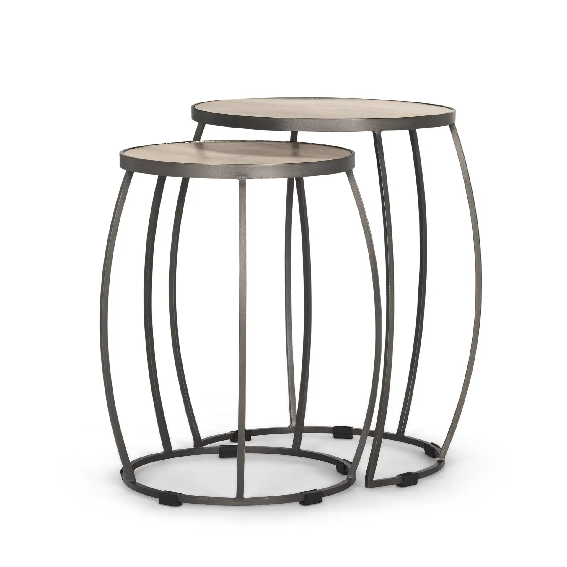 Set of Two Natural and Silver Solid Wood and Iron Round Frame Nested Tables Homeroots Living Room