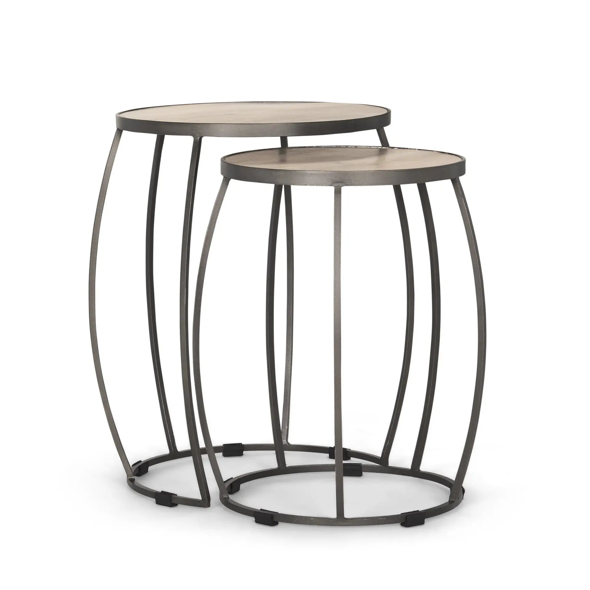 Set of Two Natural and Silver Solid Wood and Iron Round Frame Nested Tables Homeroots Living Room