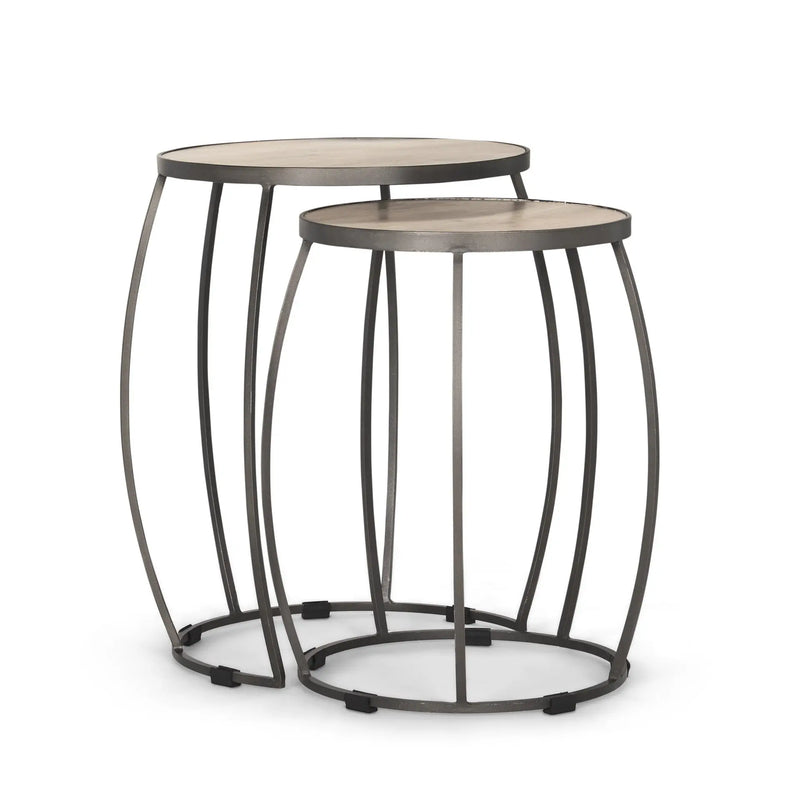 Set of Two Natural and Silver Solid Wood and Iron Round Frame Nested Tables Homeroots Living Room