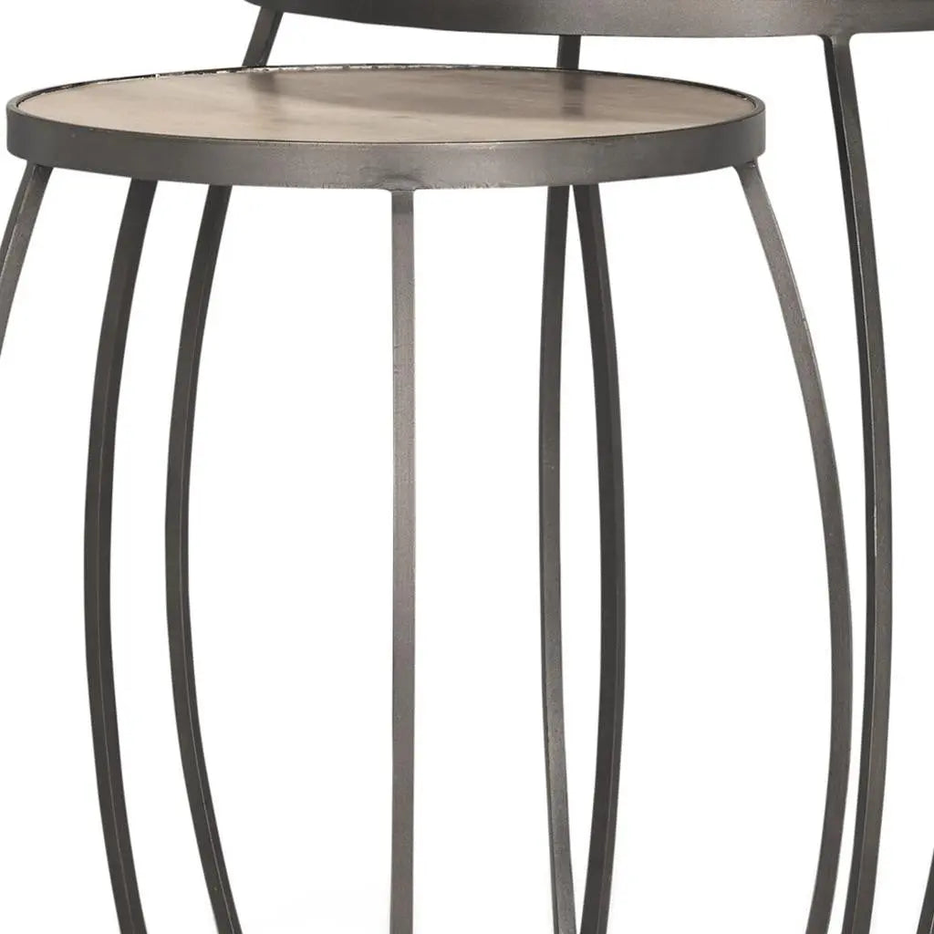 Set of Two Natural and Silver Solid Wood and Iron Round Frame Nested Tables Homeroots Living Room