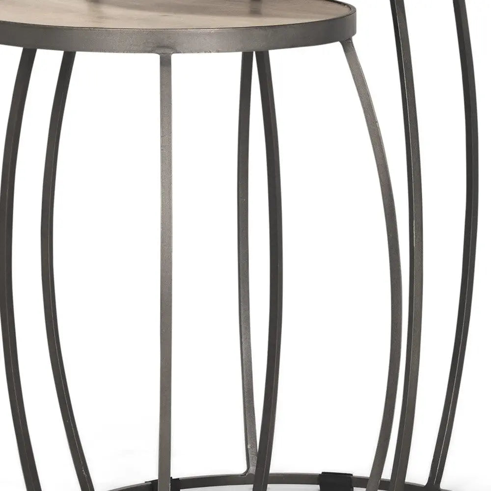 Set of Two Natural and Silver Solid Wood and Iron Round Frame Nested Tables Homeroots Living Room
