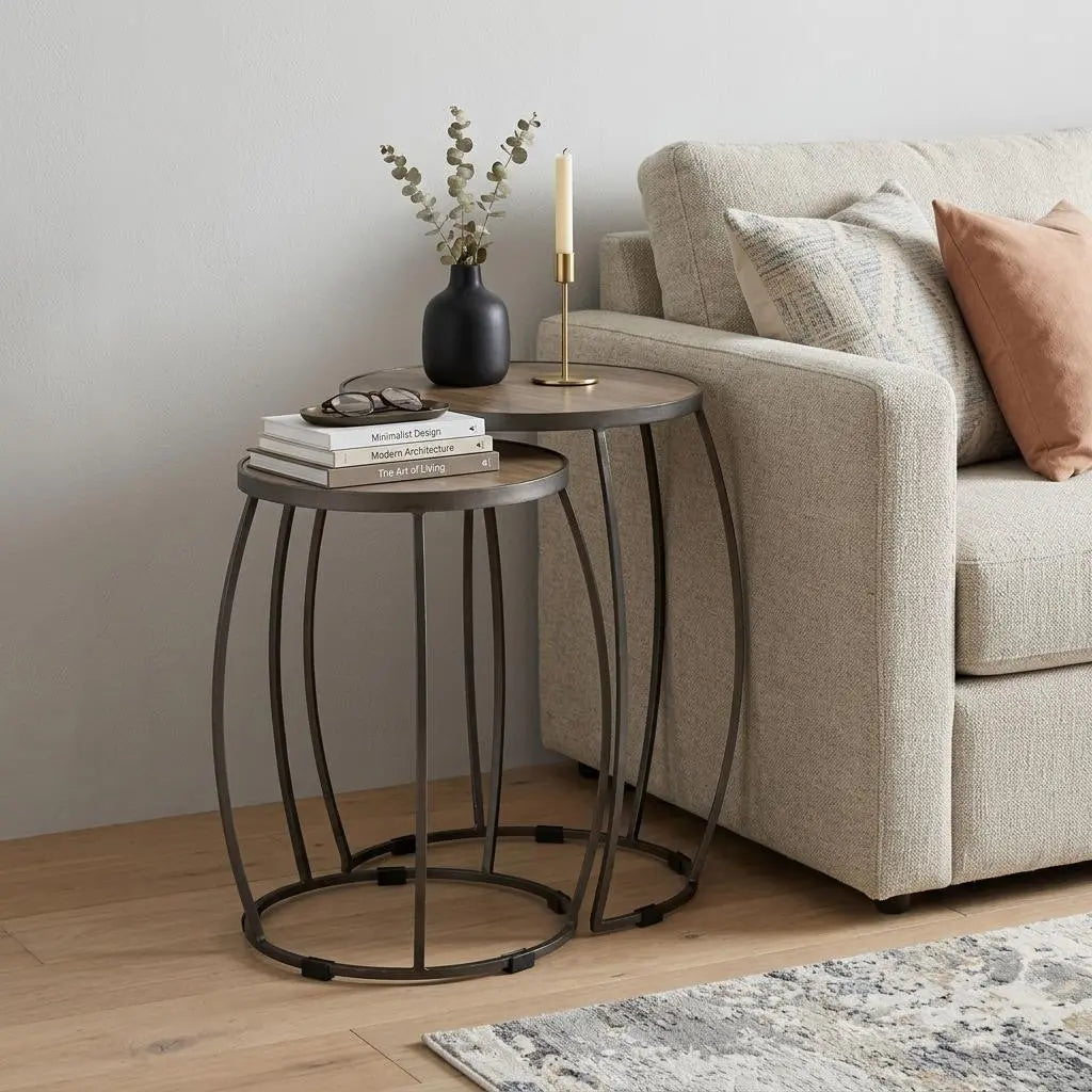 Set of Two Natural and Silver Solid Wood and Iron Round Frame Nested Tables Homeroots Living Room