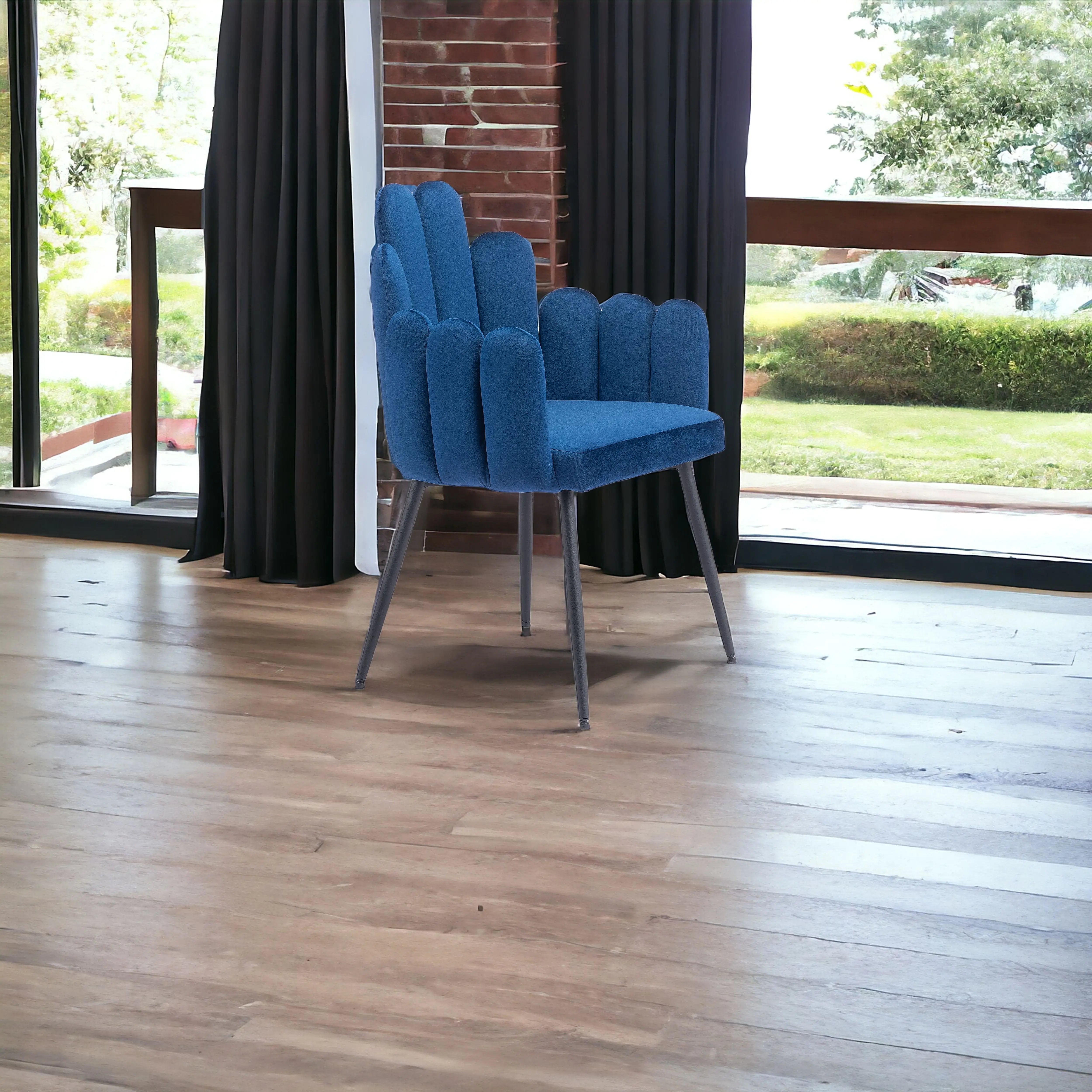 Set of Two Navy Blue and Black Upholstered Velvet Slat Back Dining Arm Chairs Homeroots