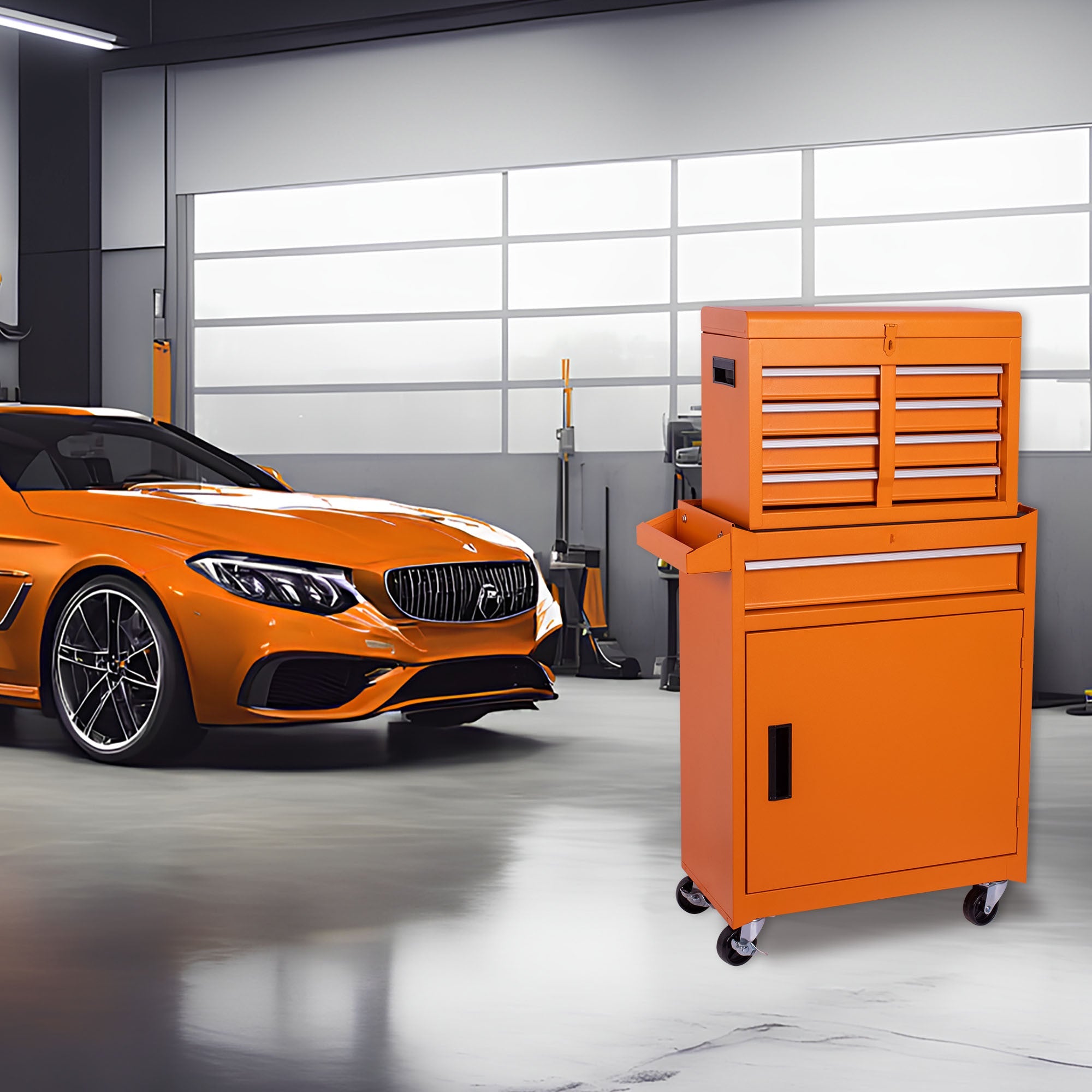 Set of Two Orange Multi-Tier Steel Rolling Cabinet With Lid - GreatEagleInc
