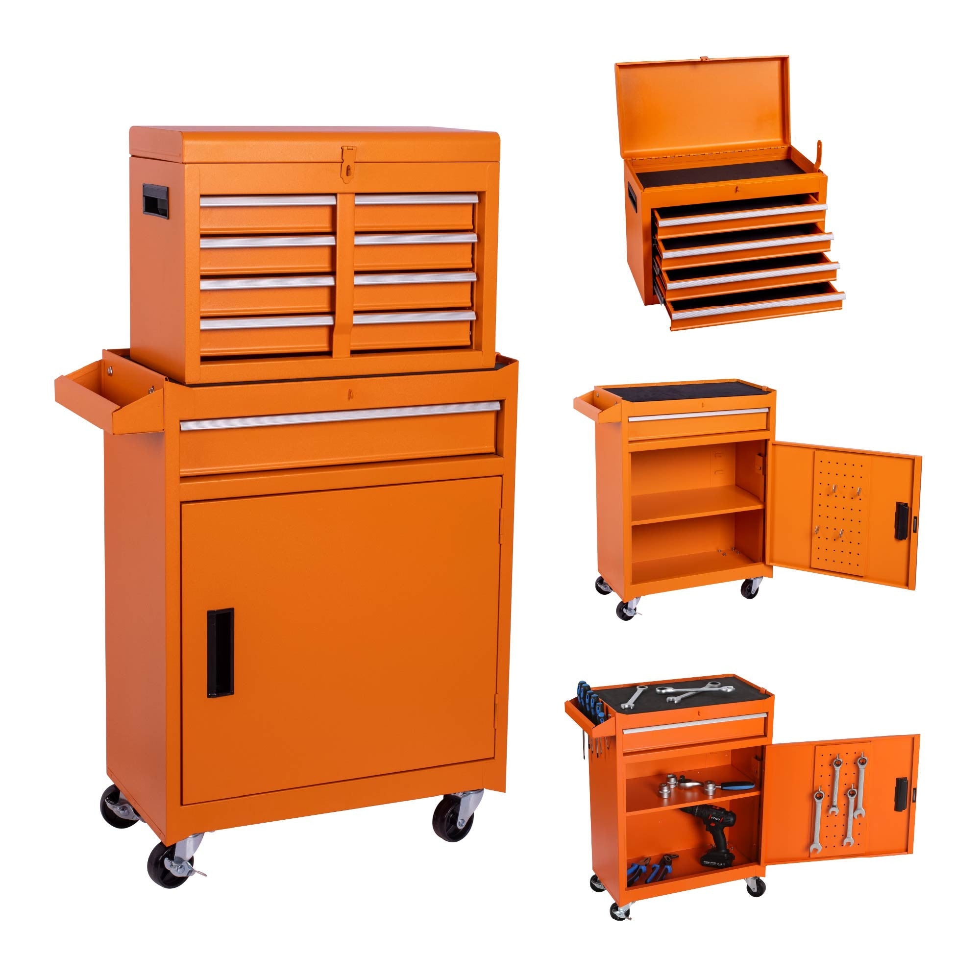 Set of Two Orange Multi-Tier Steel Rolling Cabinet With Lid - GreatEagleInc