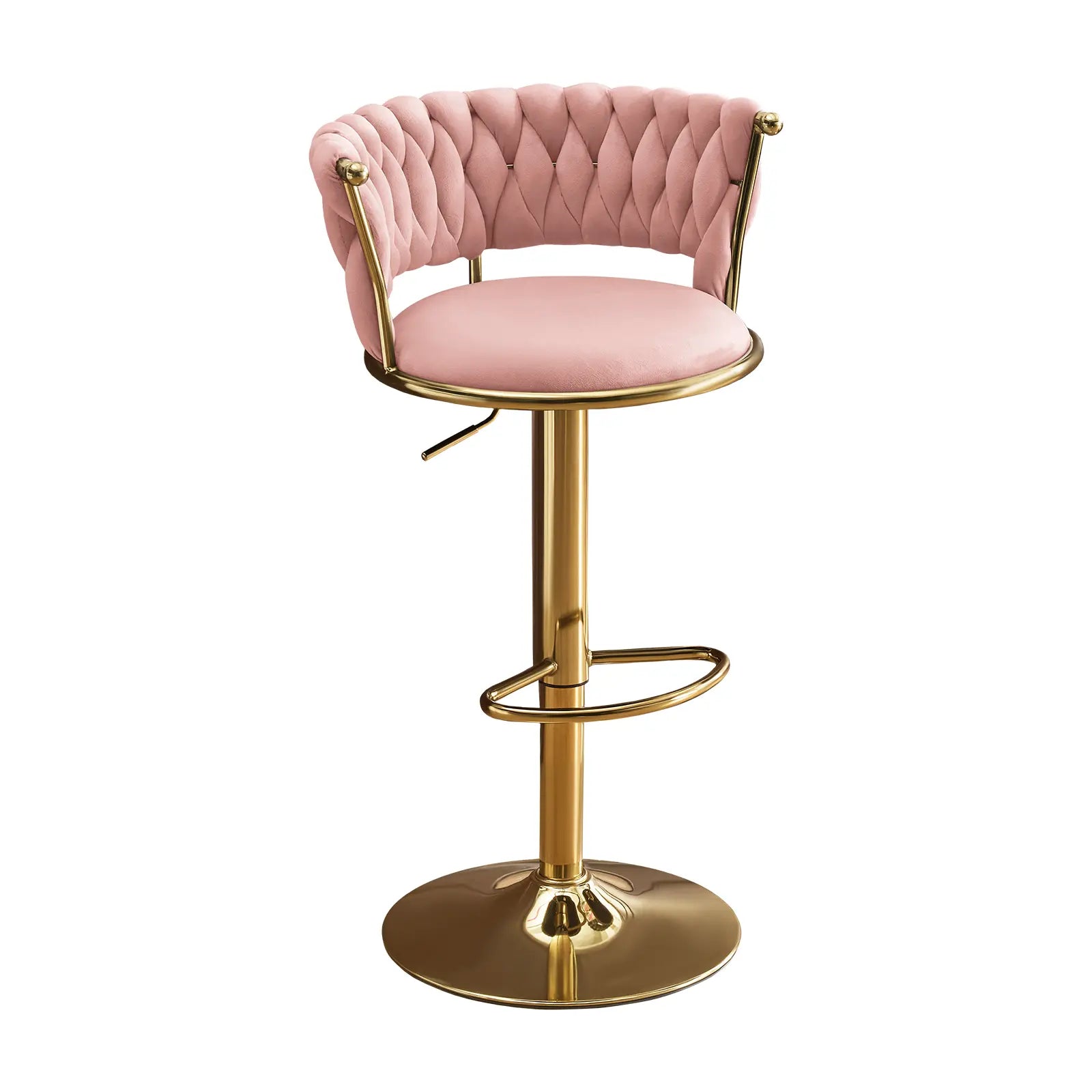 Set of Two Pink and Gold Velvet and Metal Low Back Adjustable Height Swivel Bar Chairs Homeroots Living Room