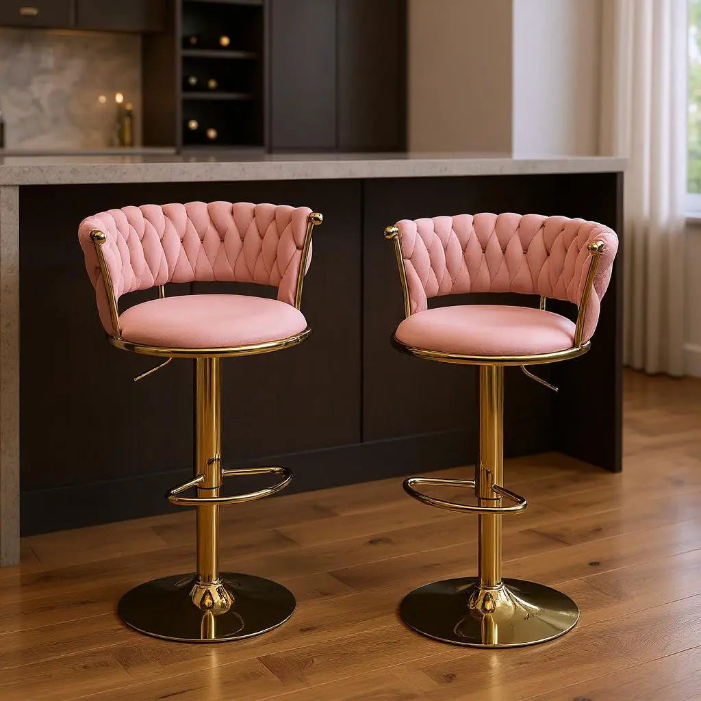 Set of Two Pink and Gold Velvet and Metal Low Back Adjustable Height Swivel Bar Chairs Homeroots Living Room