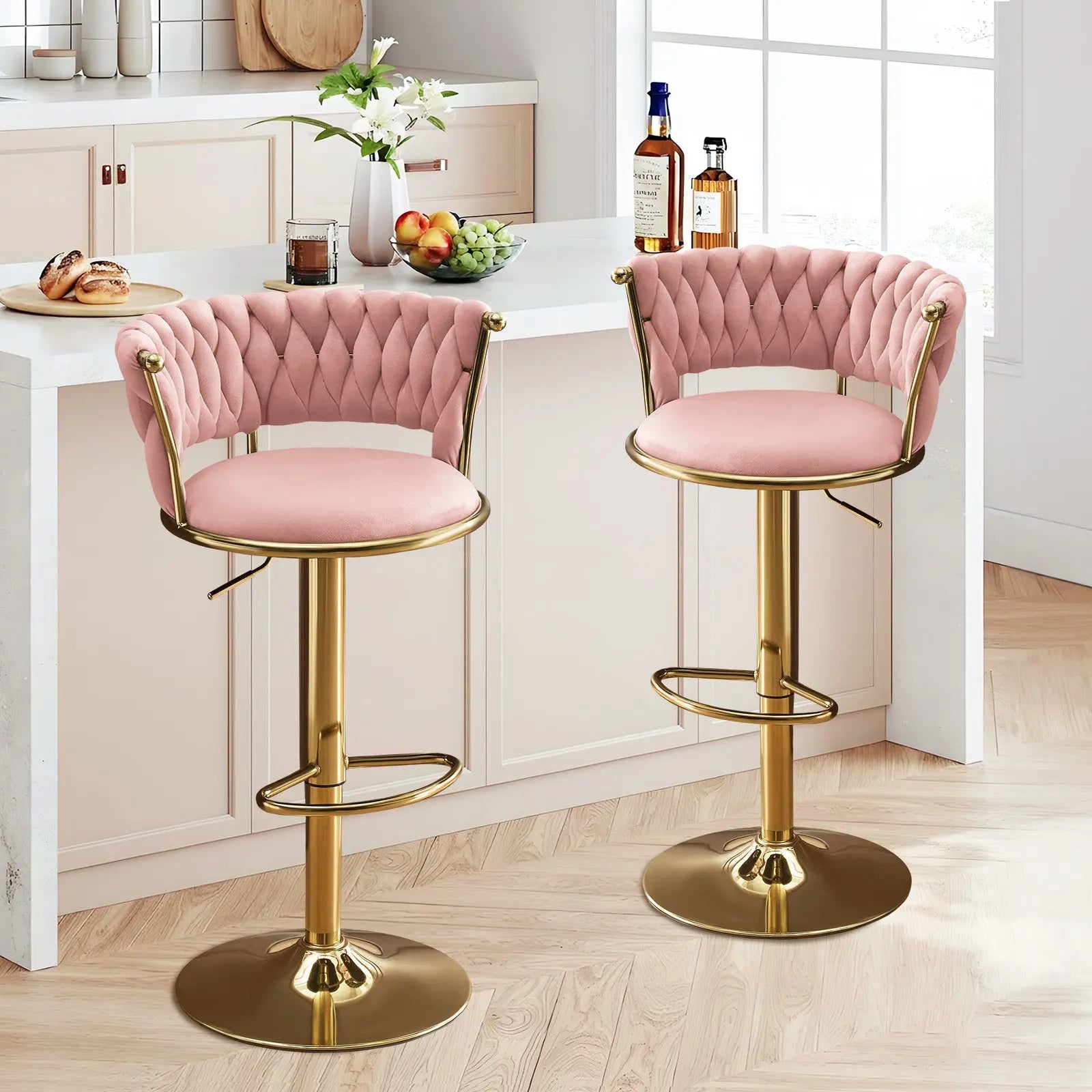 Set of Two Pink and Gold Velvet and Metal Low Back Adjustable Height Swivel Bar Chairs Homeroots Living Room