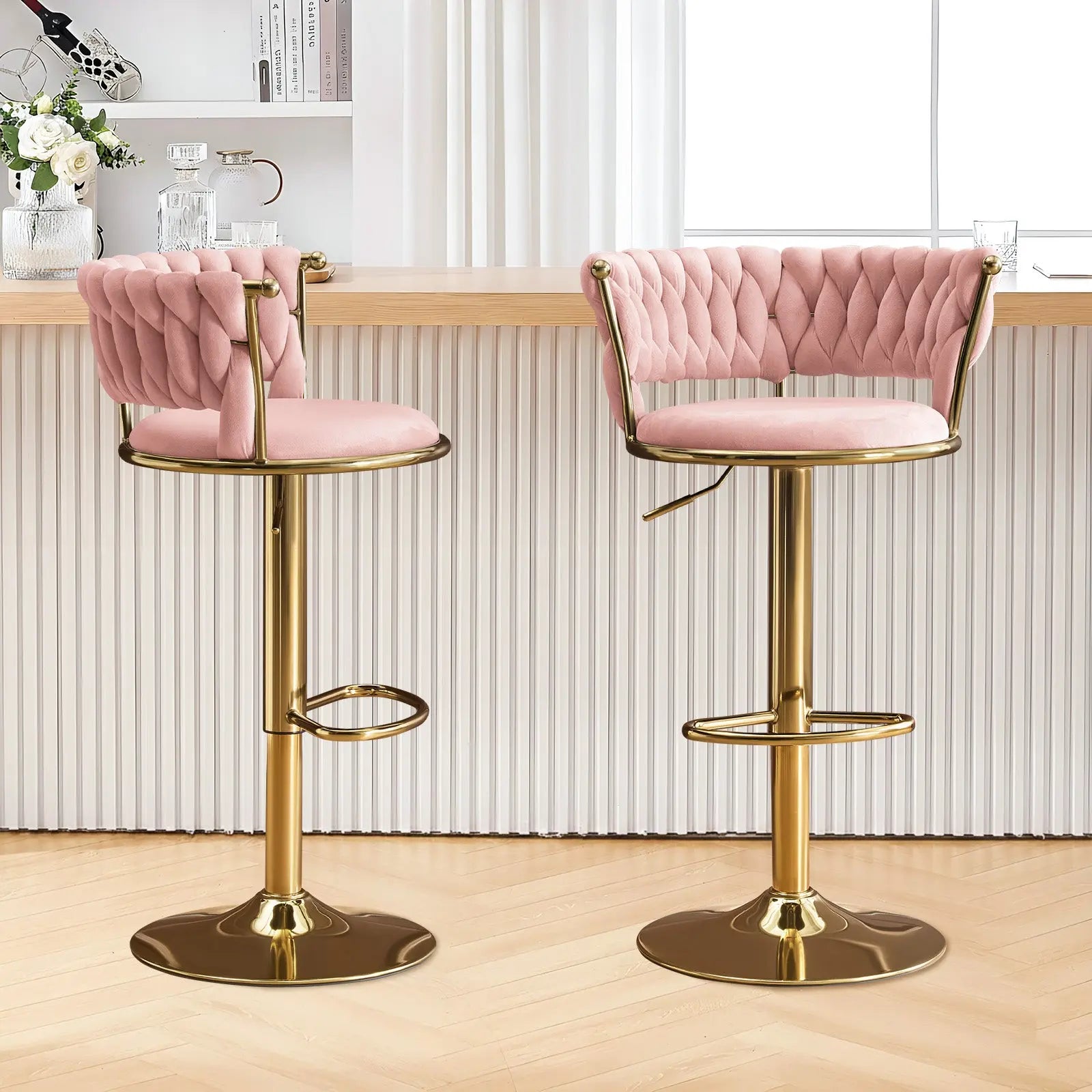 Set of Two Pink and Gold Velvet and Metal Low Back Adjustable Height Swivel Bar Chairs Homeroots Living Room