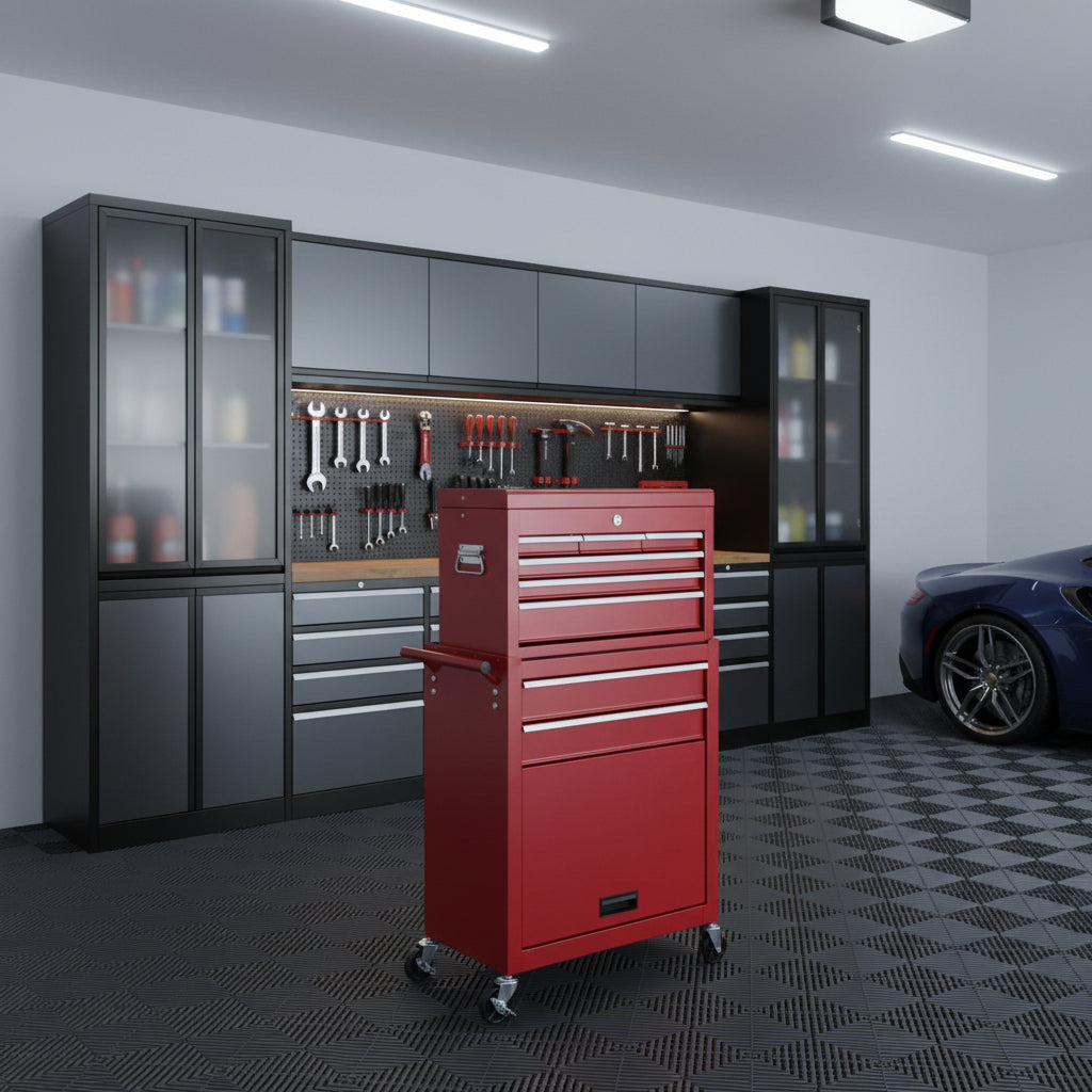 Set of Two Red Multi-Tier Steel Rolling Cabinet With Lid - GreatEagleInc