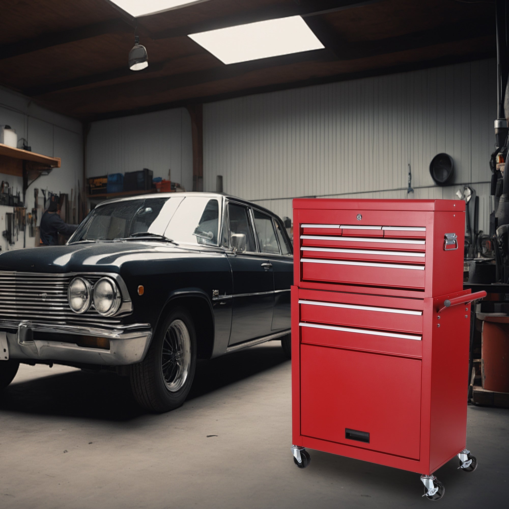 Set of Two Red Multi-Tier Steel Rolling Cabinet With Lid - GreatEagleInc