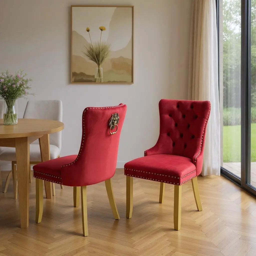 Set of Two Red and Gold Tufted Velvet And Solid Wood Dining Side Chairs Homeroots Kitchen & Dining