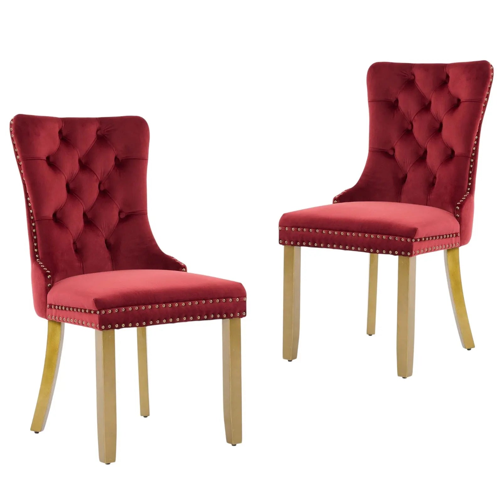 Set of Two Red and Gold Tufted Velvet And Solid Wood Dining Side Chairs Homeroots Kitchen & Dining
