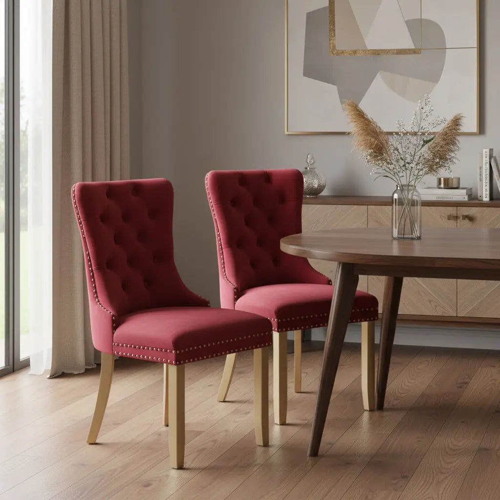 Set of Two Red and Gold Tufted Velvet And Solid Wood Dining Side Chairs Homeroots Kitchen & Dining
