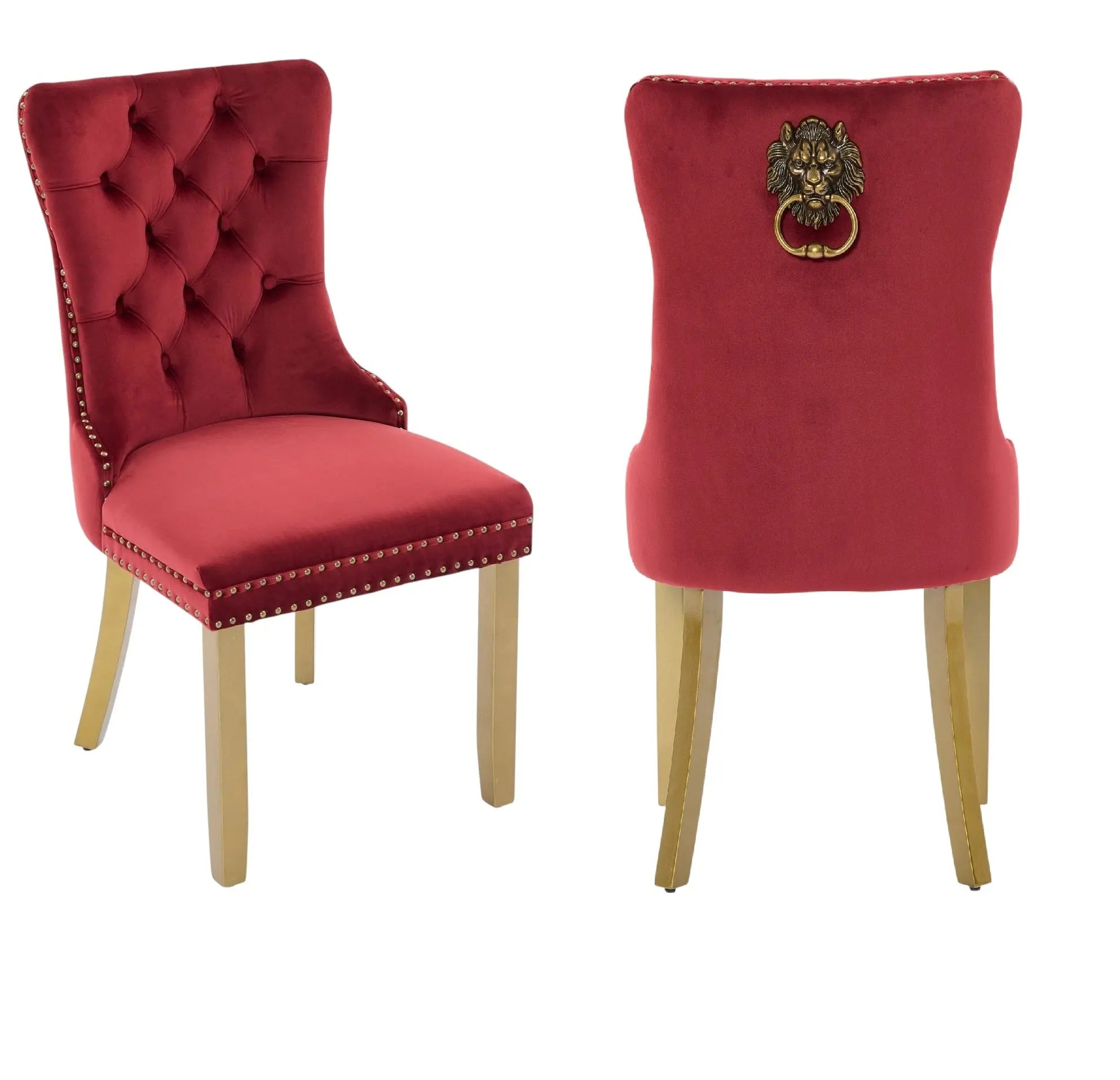 Set of Two Red and Gold Tufted Velvet And Solid Wood Dining Side Chairs Homeroots Kitchen & Dining