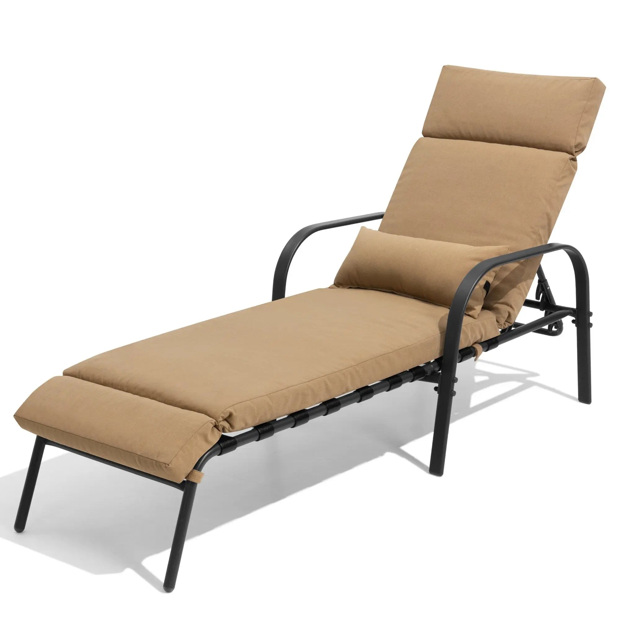 Set of Two Tan Aluminum Six Position Adjustable Outdoor Chaise Lounges with Tan Cushion Homeroots Outdoor