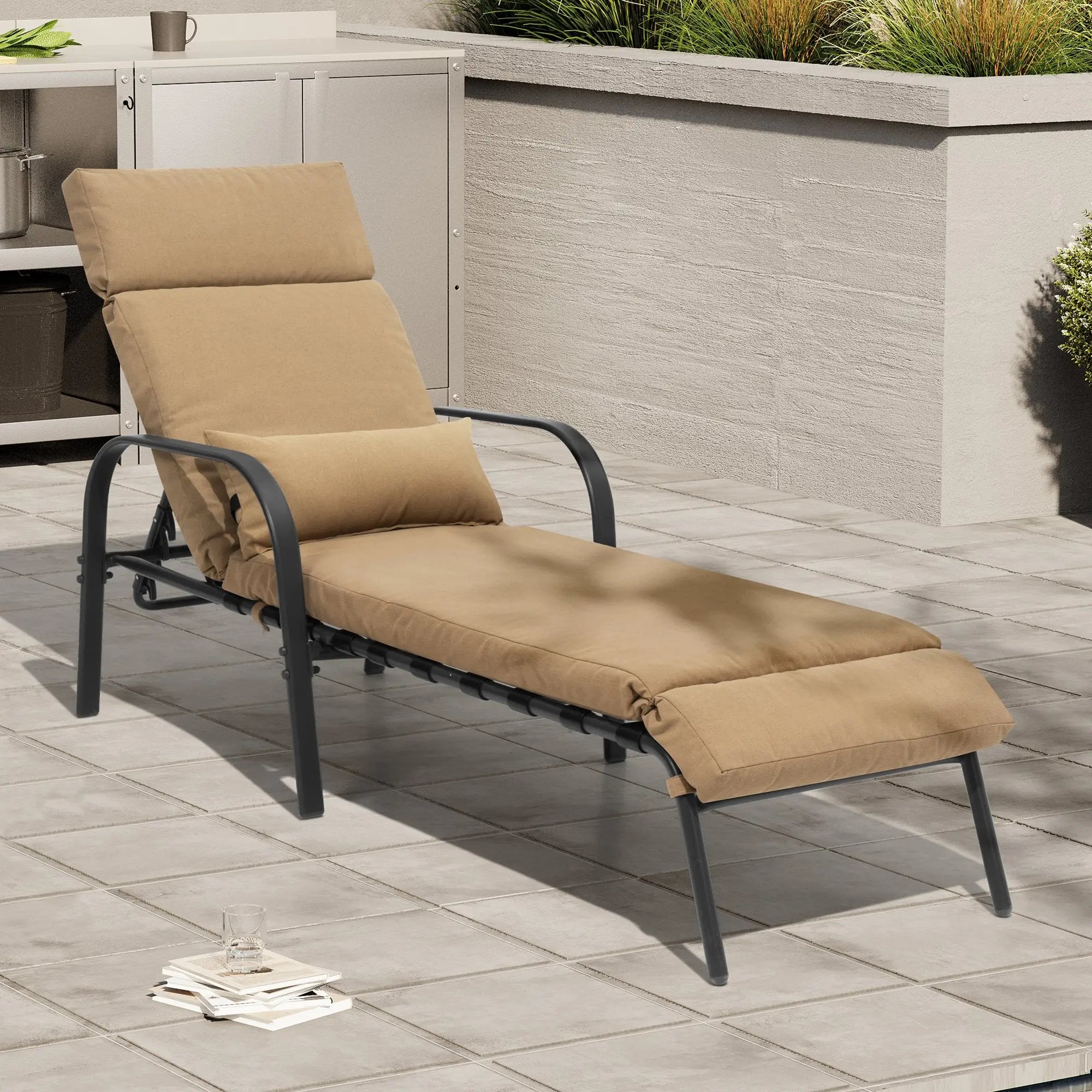 Set of Two Tan Aluminum Six Position Adjustable Outdoor Chaise Lounges with Tan Cushion Homeroots Outdoor