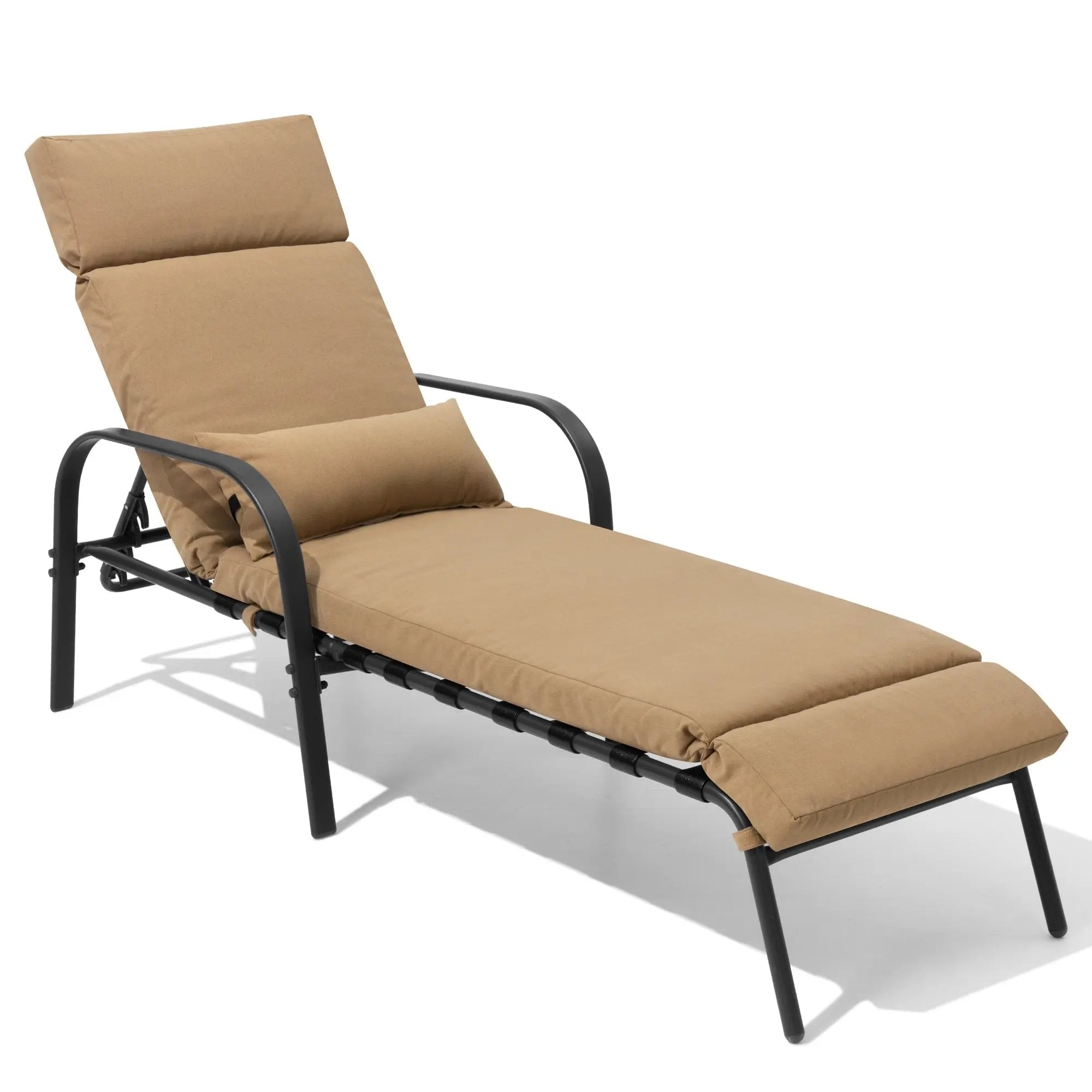 Set of Two Tan Aluminum Six Position Adjustable Outdoor Chaise Lounges with Tan Cushion Homeroots Outdoor