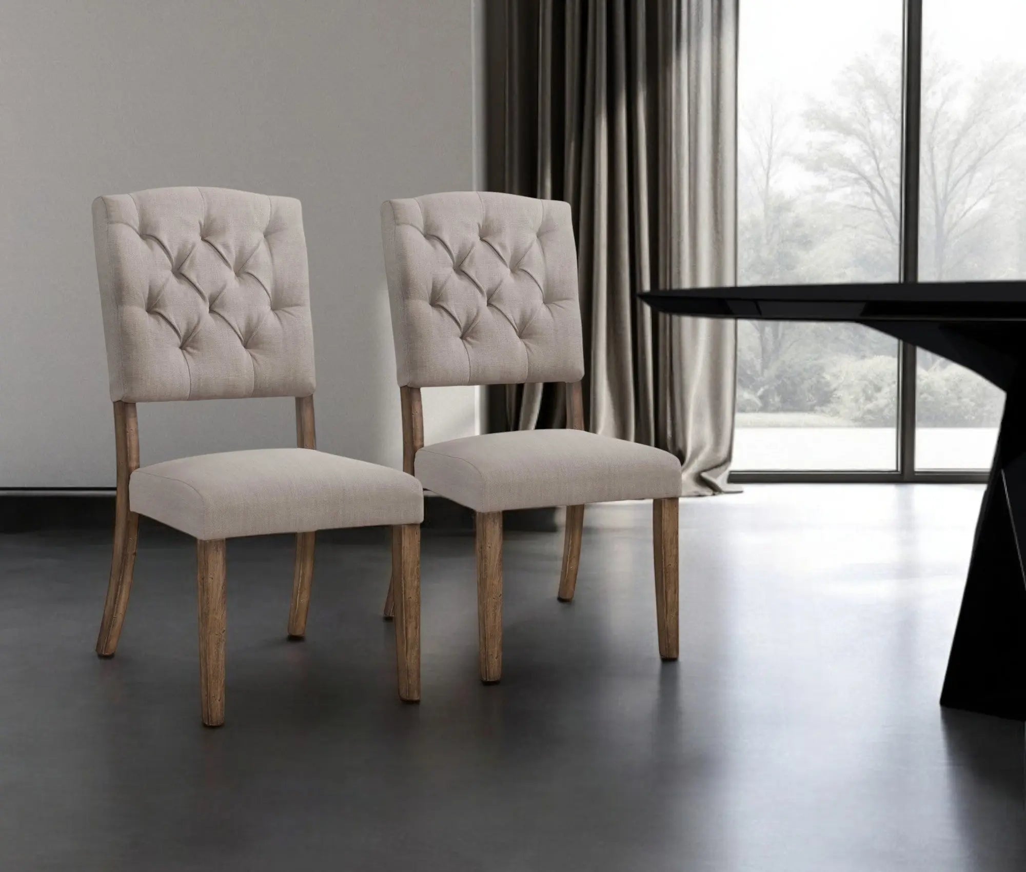 Set of Two Tufted Cream and Brown Upholstered Linen Open Back Dining Side Chairs Homeroots Kitchen & Dining
