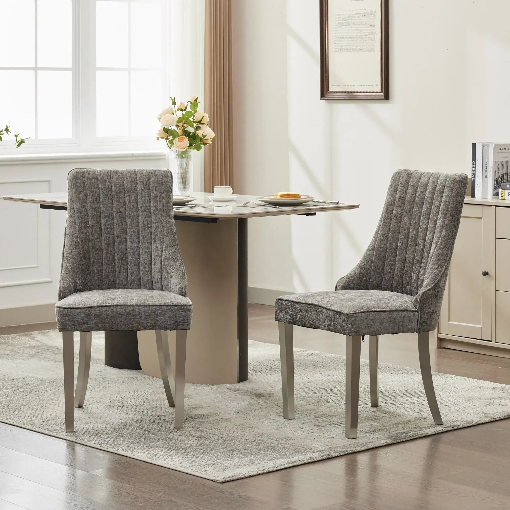 Set of Two Tufted Gray and Silver Upholstered And Stainless Steel Dining Side Chairs Homeroots