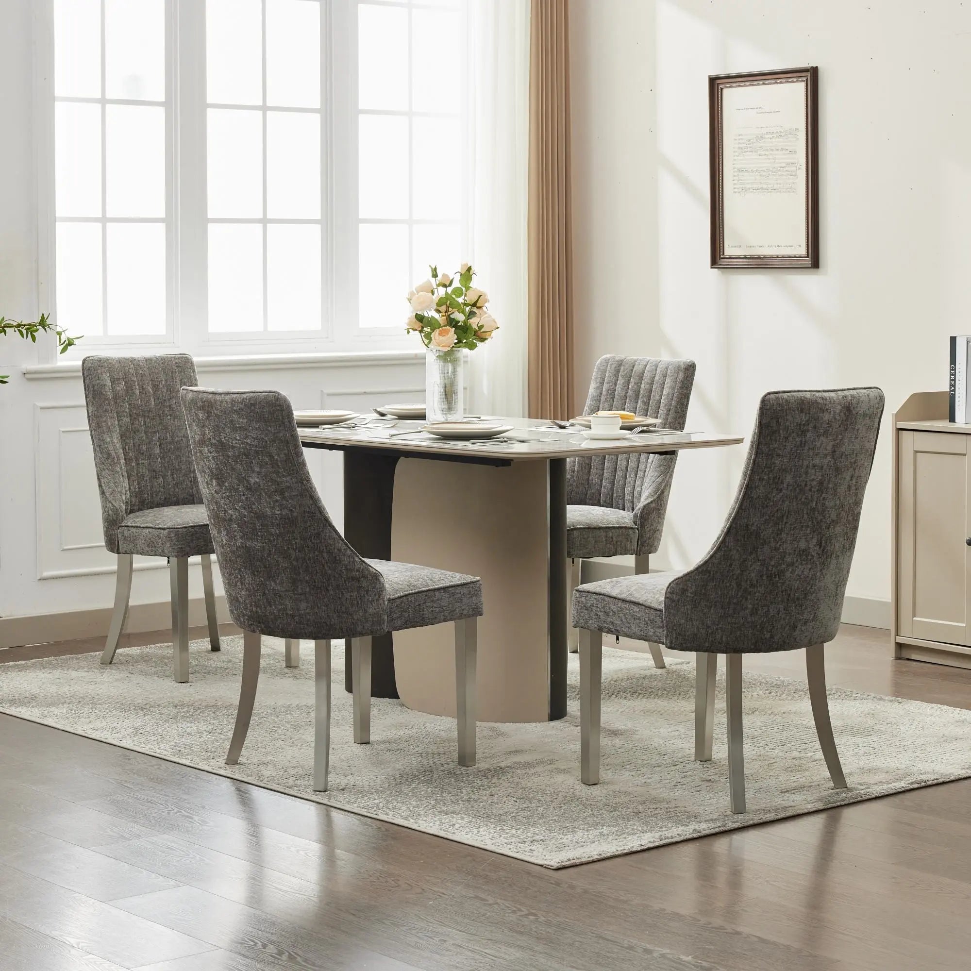 Set of Two Tufted Gray and Silver Upholstered And Stainless Steel Dining Side Chairs Homeroots