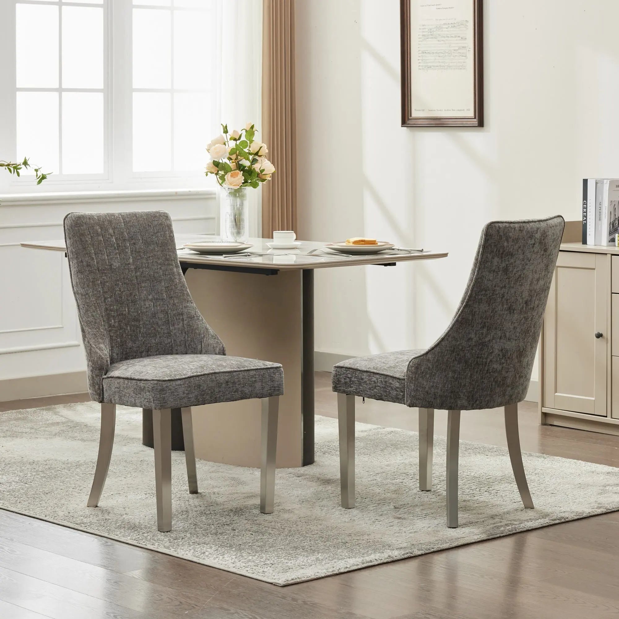 Set of Two Tufted Gray and Silver Upholstered And Stainless Steel Dining Side Chairs Homeroots