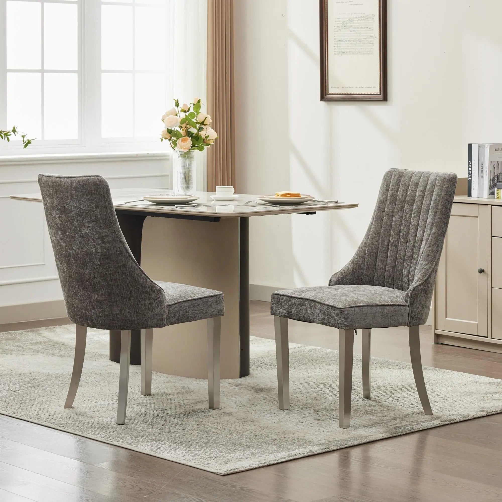 Set of Two Tufted Gray and Silver Upholstered And Stainless Steel Dining Side Chairs Homeroots