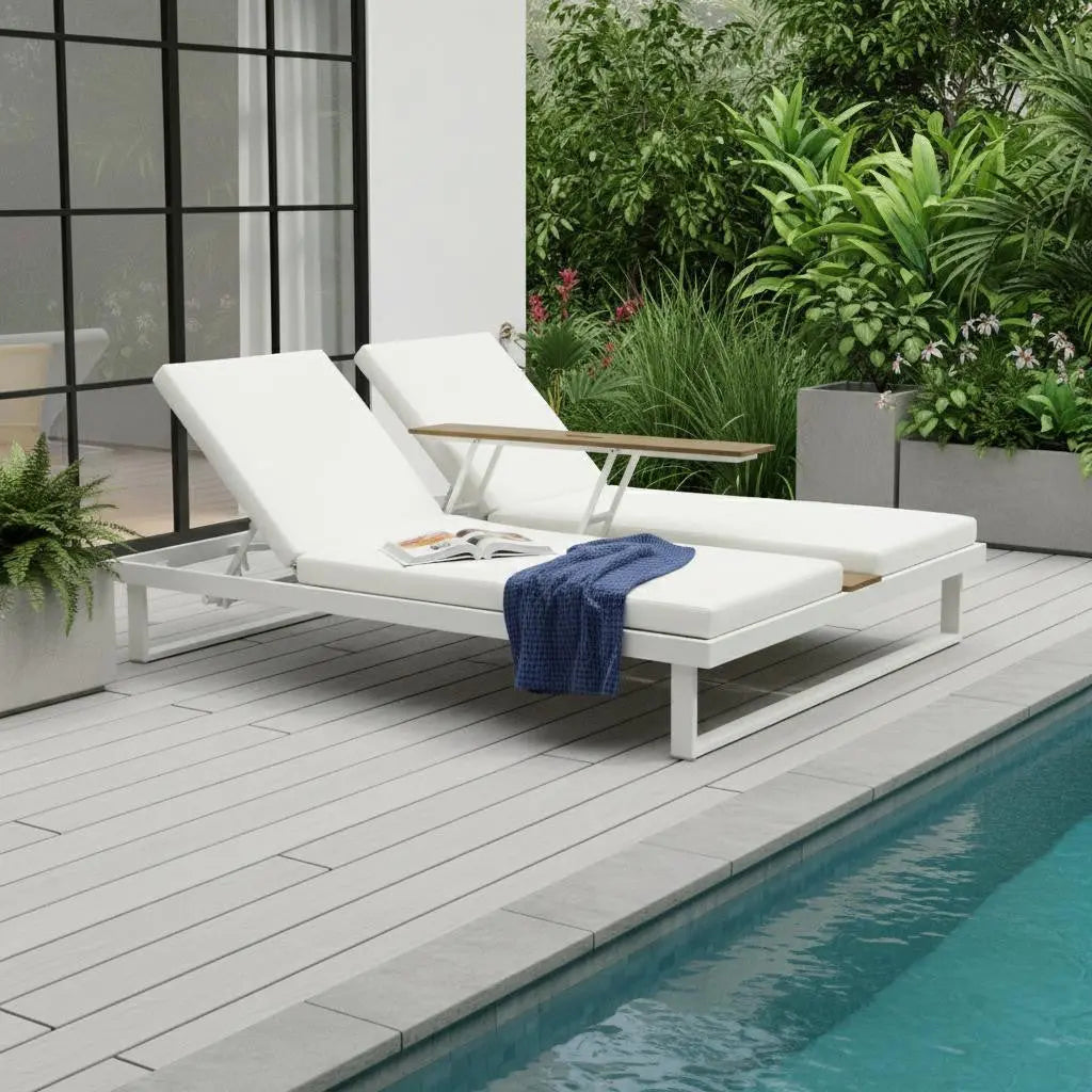 Set of Two White Aluminum Four Position Adjustable Outdoor Chaise Lounges with White Cushion Homeroots Outdoor