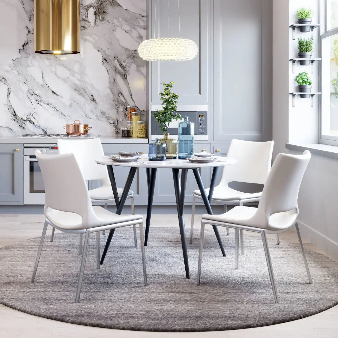 Set of Two White And Silver Upholstered Faux Leather Dining Side Chairs Homeroots Kitchen & Dining