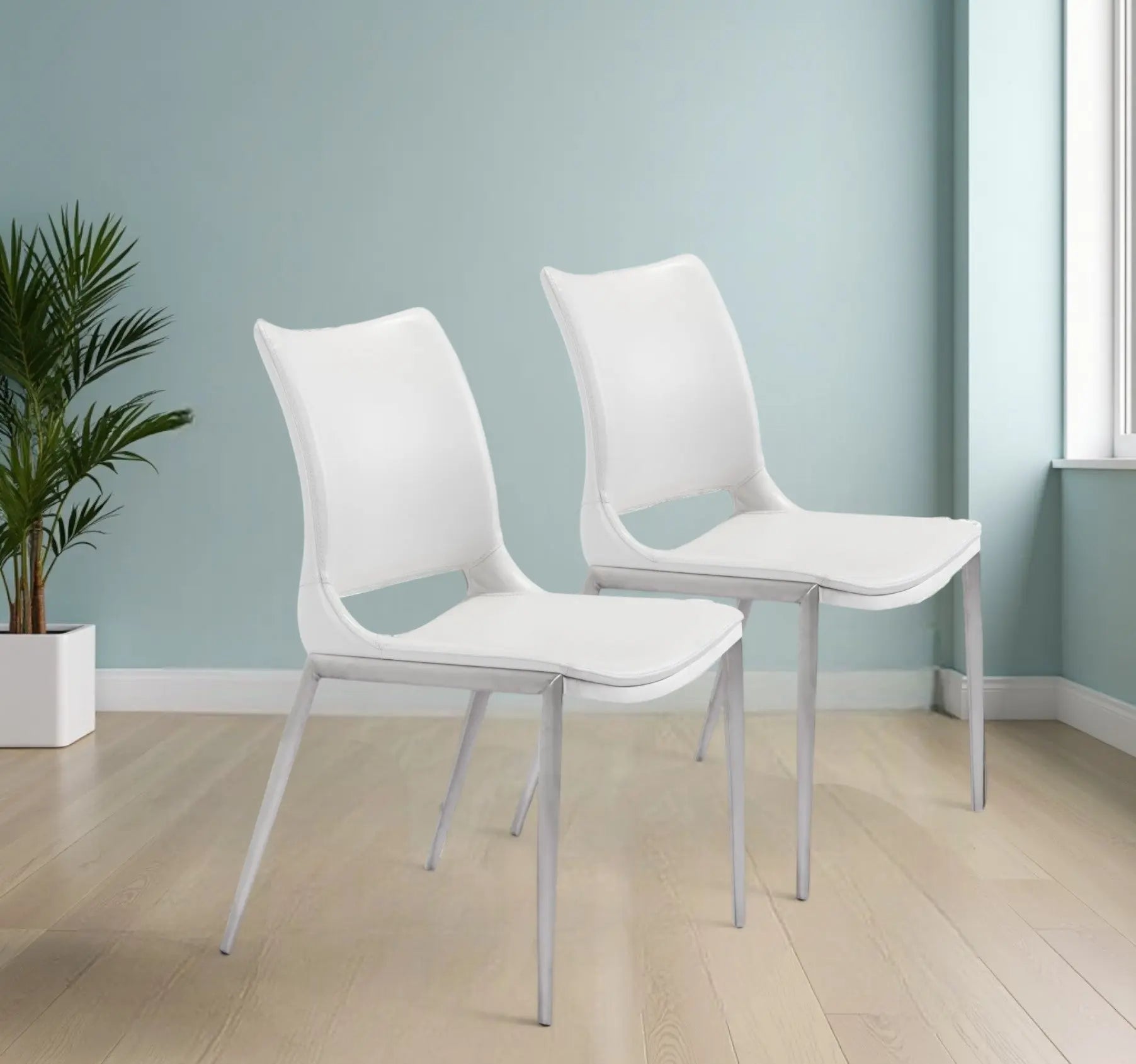 Set of Two White And Silver Upholstered Faux Leather Dining Side Chairs Homeroots Kitchen & Dining