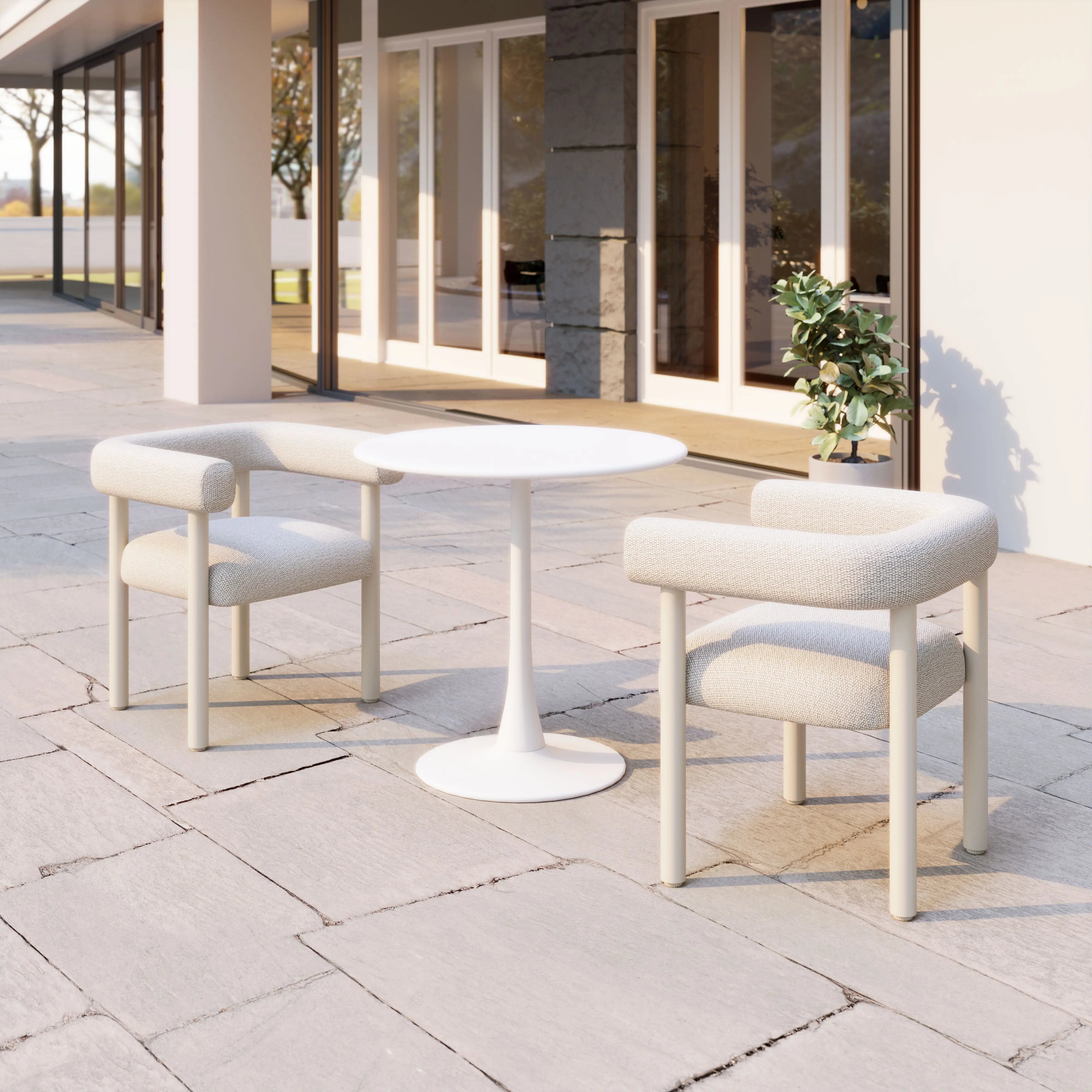 Set of Two White Upholstered And Aluminum Open Back Dining Arm Chairs Homeroots