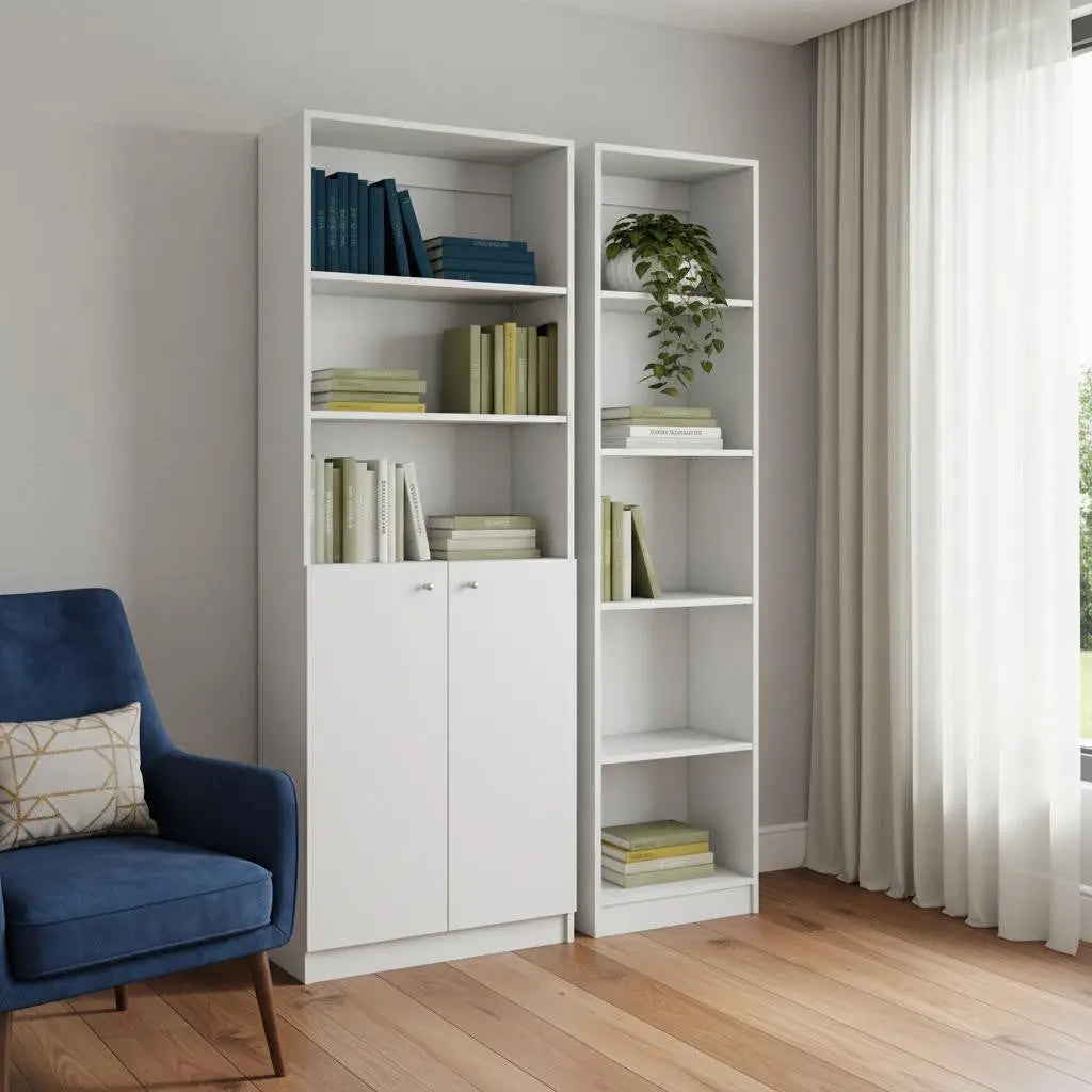 Set of Two White Wood Five Tier Modular Bookcase with Two Doors Homeroots Office