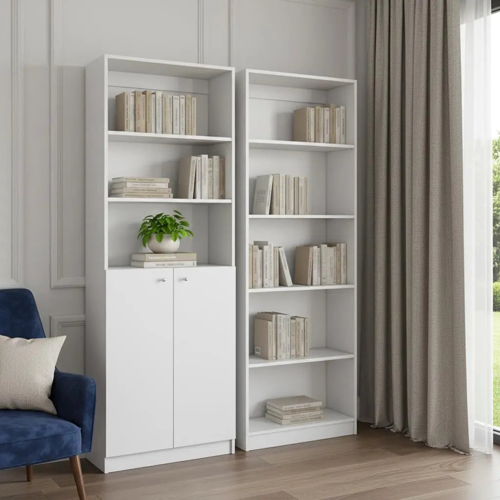 Set of Two White Wood Five Tier Modular Bookcase with Two Doors Homeroots Office