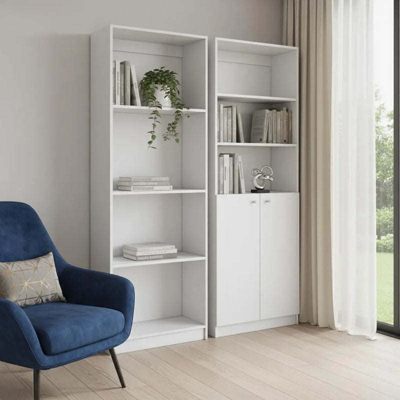 Set of Two White Wood Seven Tier Modular Bookcase with Two Doors Homeroots Office