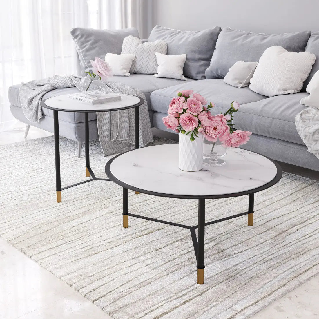 Set of Two White and Black Faux Marble And Glass And Steel Round Bunching Coffee Tables Homeroots Living Room