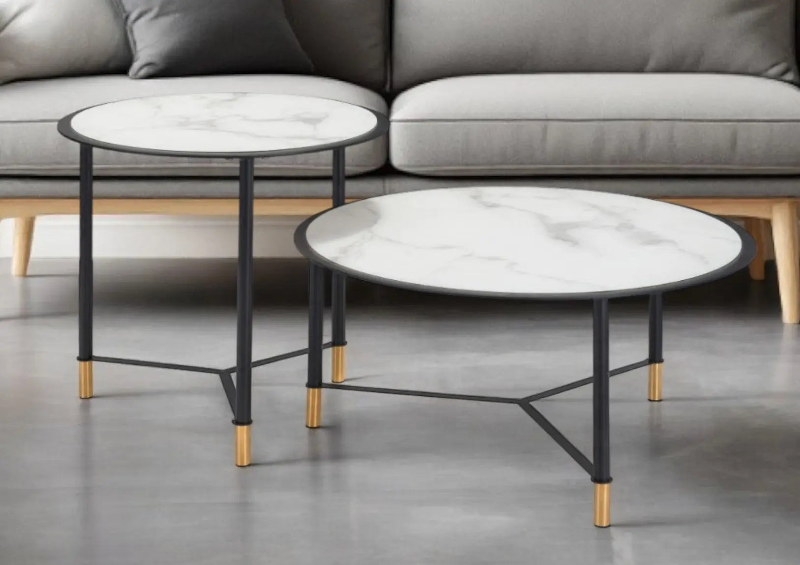 Set of Two White and Black Faux Marble And Glass And Steel Round Bunching Coffee Tables Homeroots Living Room