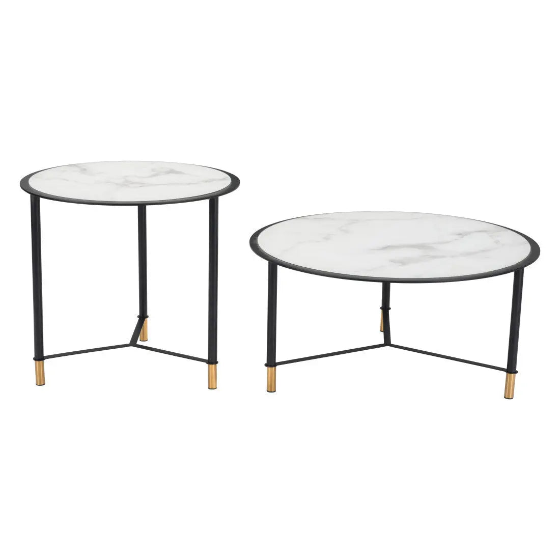 Set of Two White and Black Faux Marble And Glass And Steel Round Bunching Coffee Tables Homeroots Living Room