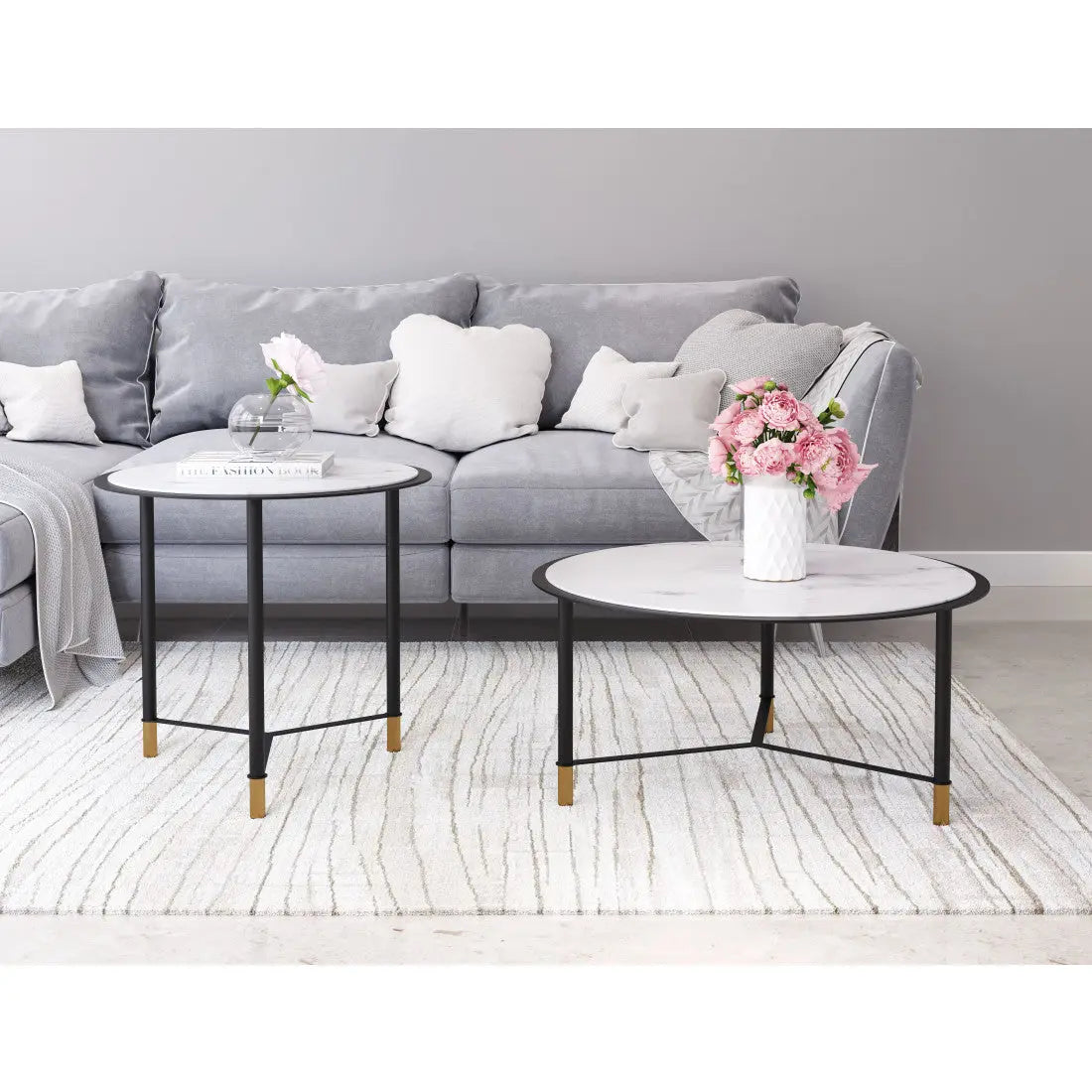 Set of Two White and Black Faux Marble And Glass And Steel Round Bunching Coffee Tables Homeroots Living Room