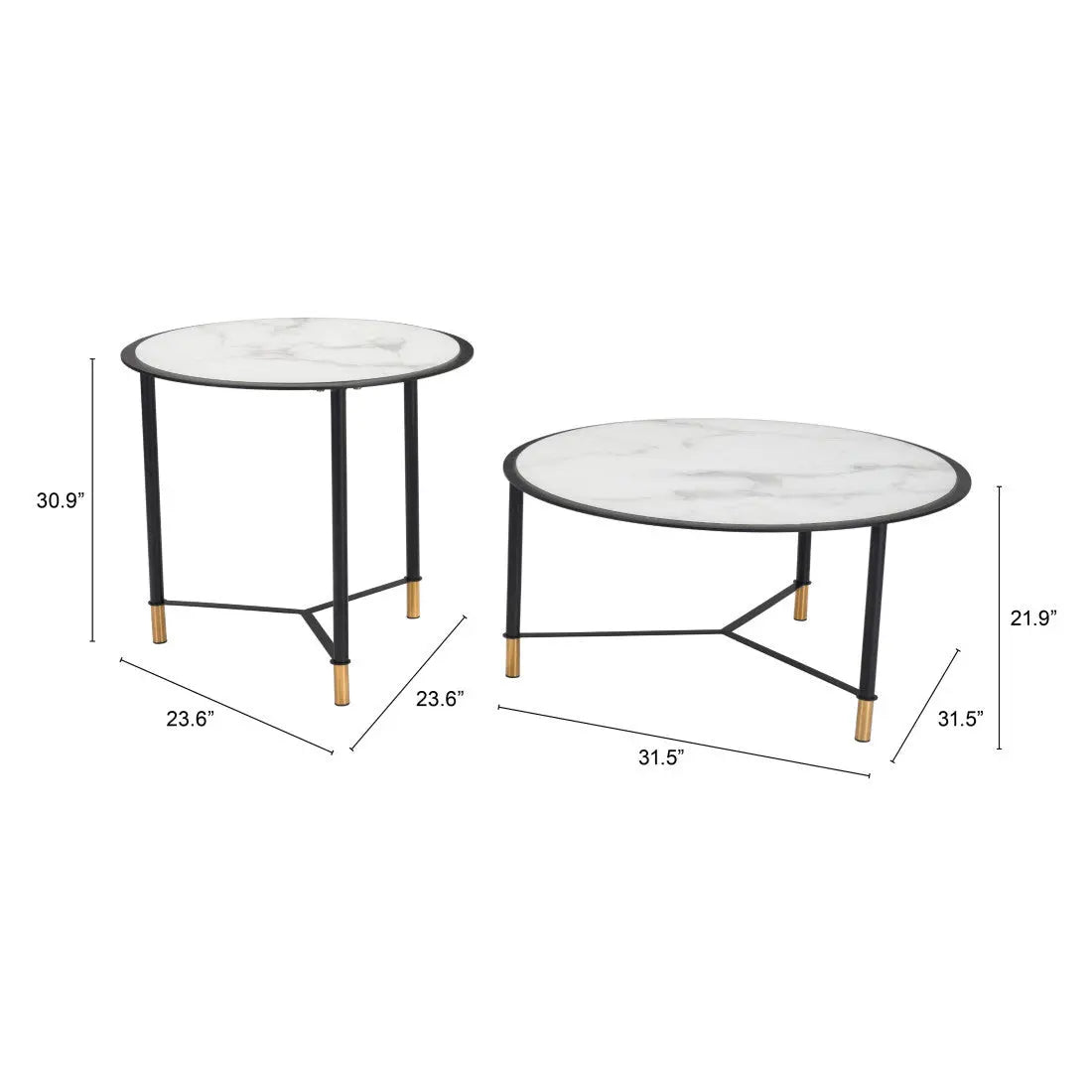 Set of Two White and Black Faux Marble And Glass And Steel Round Bunching Coffee Tables Homeroots Living Room