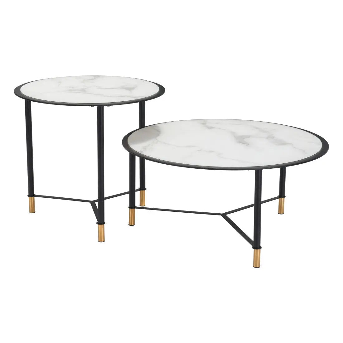 Set of Two White and Black Faux Marble And Glass And Steel Round Bunching Coffee Tables Homeroots Living Room