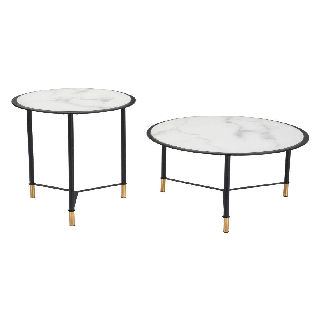 Set of Two White and Black Faux Marble And Glass And Steel Round Bunching Coffee Tables Homeroots Living Room