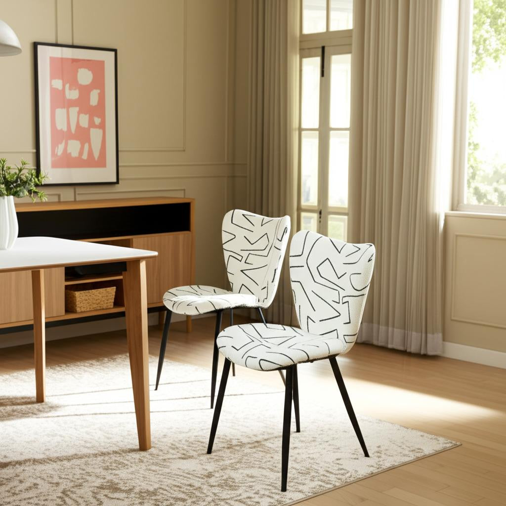 Set of Two White and Black Upholstered Faux Shearling Dining Side Chairs - GreatEagleInc