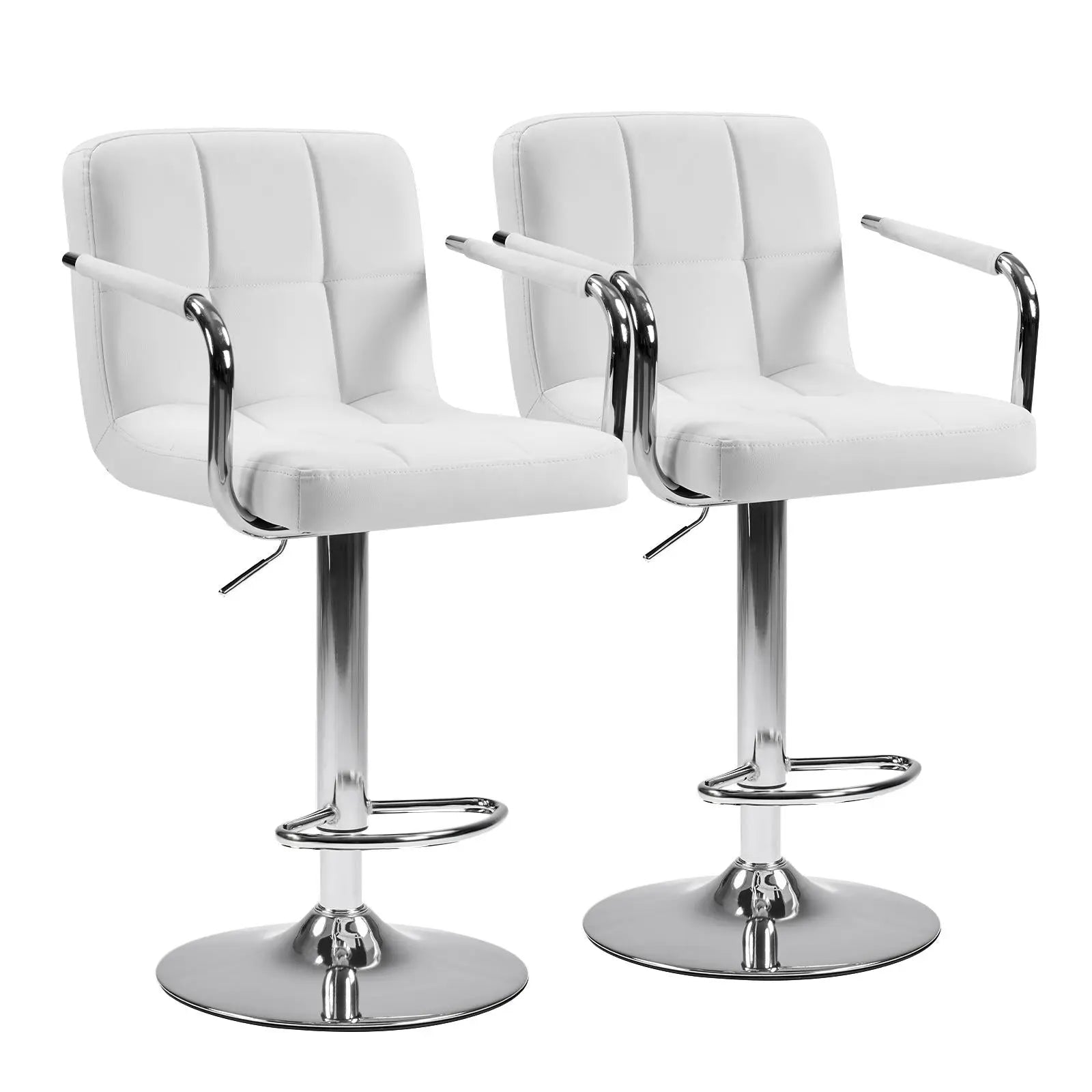 Set of Two White and Silver Faux Leather and Aluminum Swivel Bar Chairs Homeroots Living Room