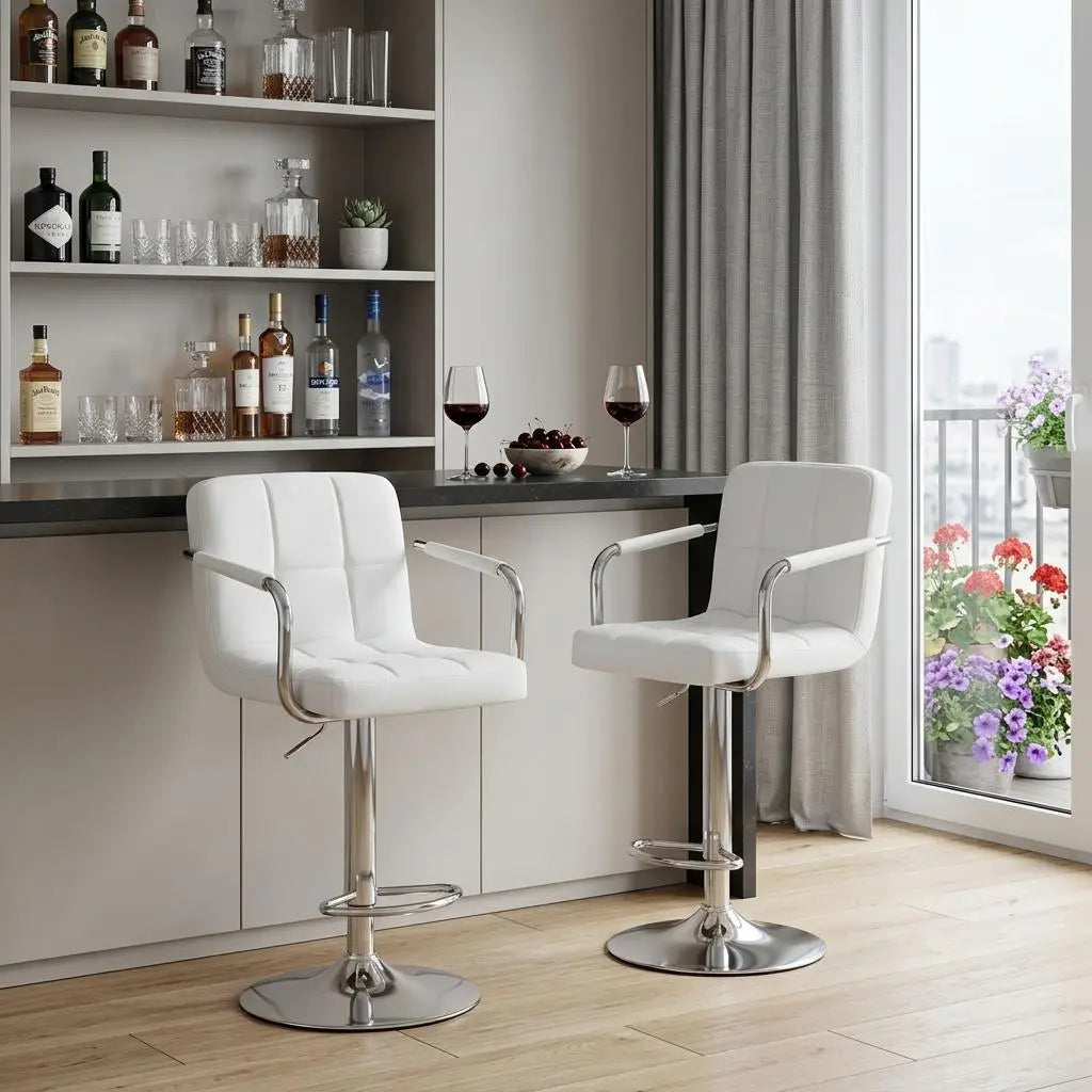 Set of Two White and Silver Faux Leather and Aluminum Swivel Bar Chairs Homeroots Living Room